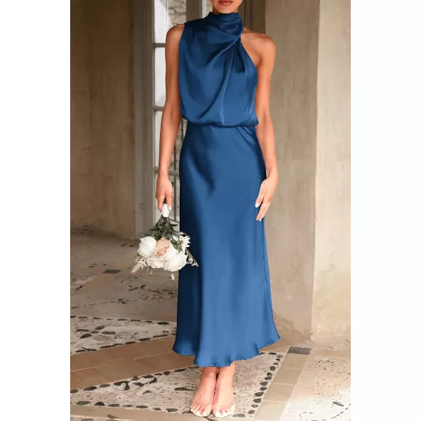 imagePRETTYGARDEN Womens 2023 Summer Satin Dress Elegant Sleeveless Mock Neck Cocktail Party Maxi DressesDark Blue