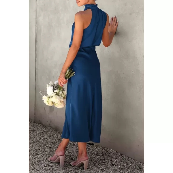 imagePRETTYGARDEN Womens 2023 Summer Satin Dress Elegant Sleeveless Mock Neck Cocktail Party Maxi DressesDark Blue