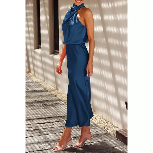 imagePRETTYGARDEN Womens 2023 Summer Satin Dress Elegant Sleeveless Mock Neck Cocktail Party Maxi DressesDark Blue