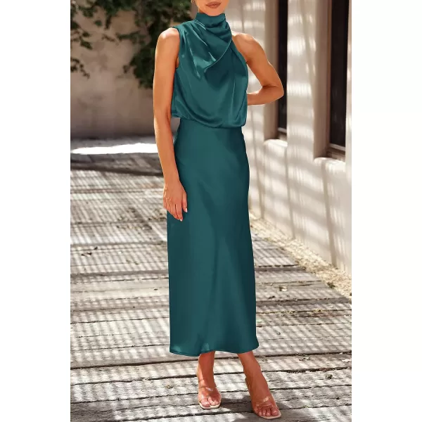 imagePRETTYGARDEN Womens 2023 Summer Satin Dress Elegant Sleeveless Mock Neck Cocktail Party Maxi DressesDark Green
