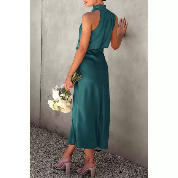 imagePRETTYGARDEN Womens 2023 Summer Satin Dress Elegant Sleeveless Mock Neck Cocktail Party Maxi DressesDark Green