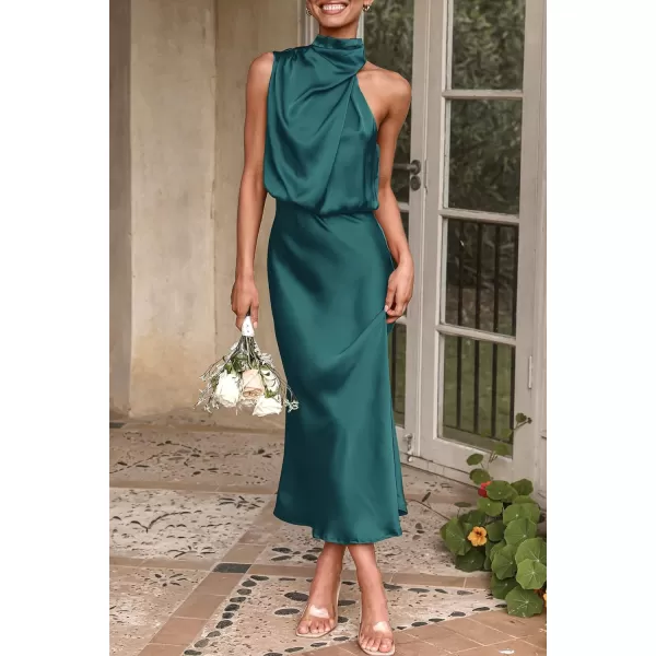 imagePRETTYGARDEN Womens 2023 Summer Satin Dress Elegant Sleeveless Mock Neck Cocktail Party Maxi DressesDark Green