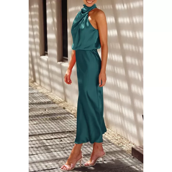 imagePRETTYGARDEN Womens 2023 Summer Satin Dress Elegant Sleeveless Mock Neck Cocktail Party Maxi DressesDark Green