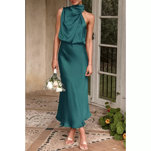 imagePRETTYGARDEN Womens 2023 Summer Satin Dress Elegant Sleeveless Mock Neck Cocktail Party Maxi DressesDark Green