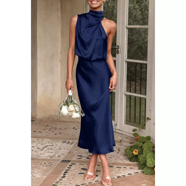 imagePRETTYGARDEN Womens 2023 Summer Satin Dress Elegant Sleeveless Mock Neck Cocktail Party Maxi DressesDark Navy