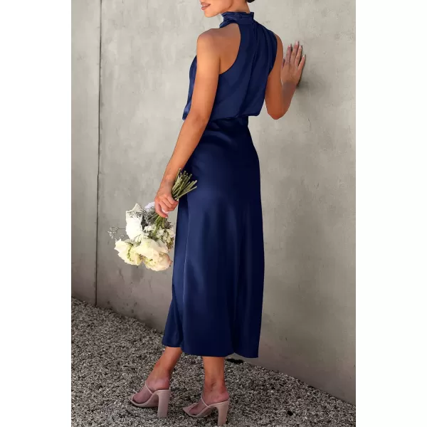 imagePRETTYGARDEN Womens 2023 Summer Satin Dress Elegant Sleeveless Mock Neck Cocktail Party Maxi DressesDark Navy