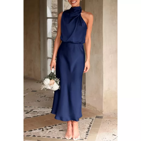 imagePRETTYGARDEN Womens 2023 Summer Satin Dress Elegant Sleeveless Mock Neck Cocktail Party Maxi DressesDark Navy
