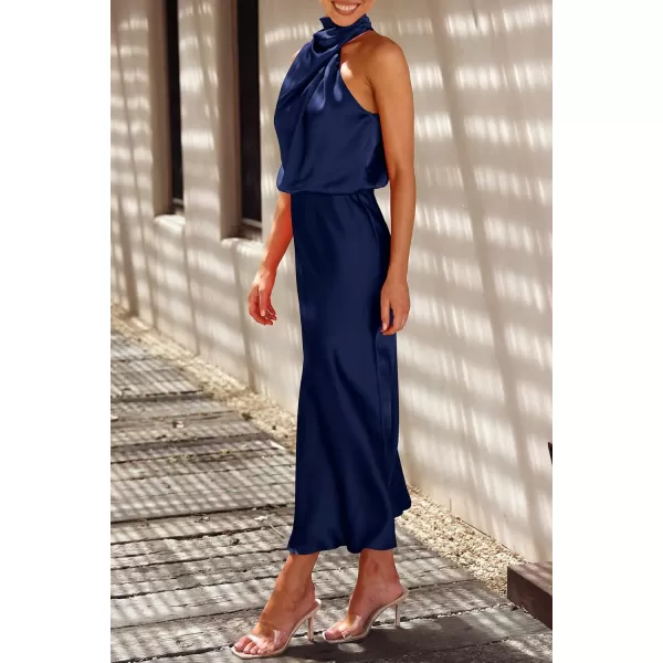 imagePRETTYGARDEN Womens 2023 Summer Satin Dress Elegant Sleeveless Mock Neck Cocktail Party Maxi DressesDark Navy