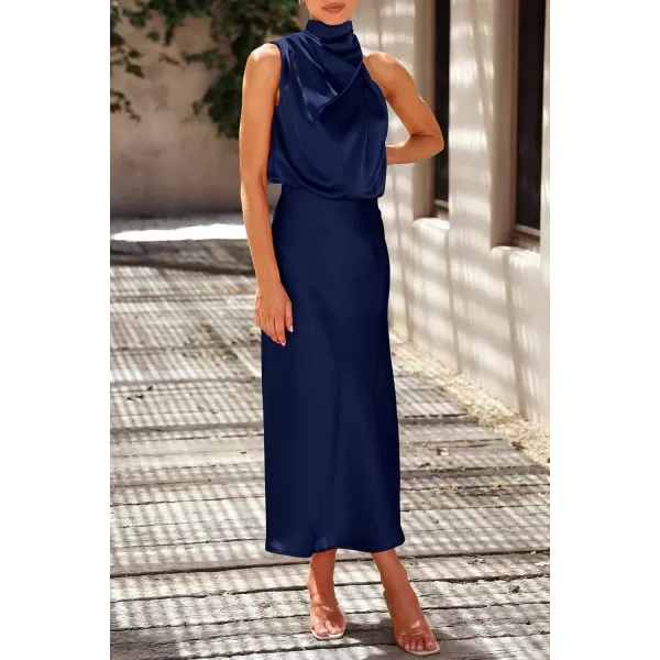 imagePRETTYGARDEN Womens 2023 Summer Satin Dress Elegant Sleeveless Mock Neck Cocktail Party Maxi DressesDark Navy