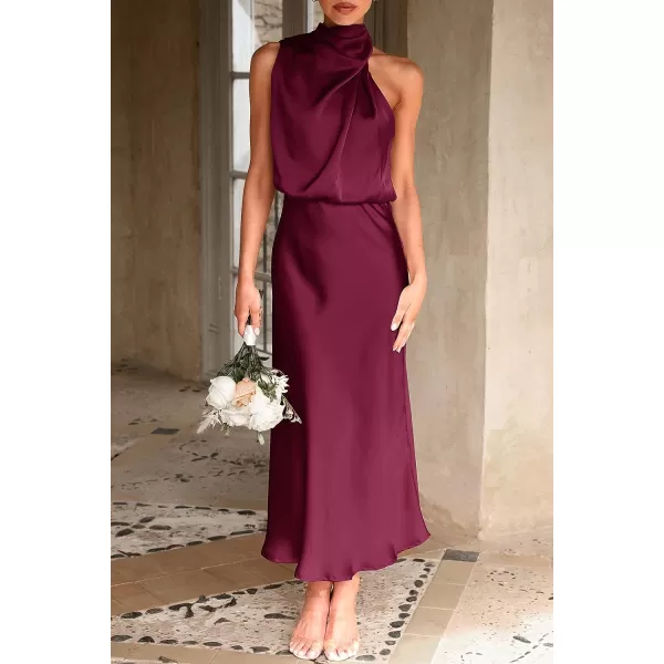 imagePRETTYGARDEN Womens 2023 Summer Satin Dress Elegant Sleeveless Mock Neck Cocktail Party Maxi DressesDark Wine Red