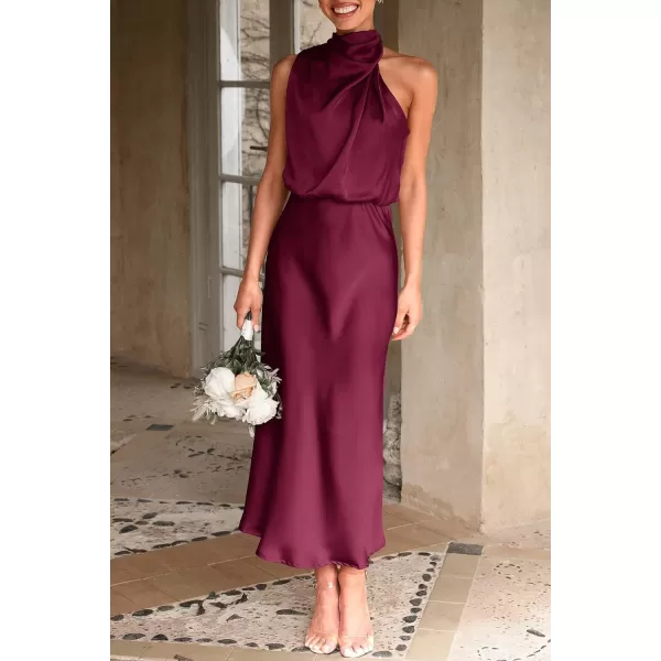 imagePRETTYGARDEN Womens 2023 Summer Satin Dress Elegant Sleeveless Mock Neck Cocktail Party Maxi DressesDark Wine Red