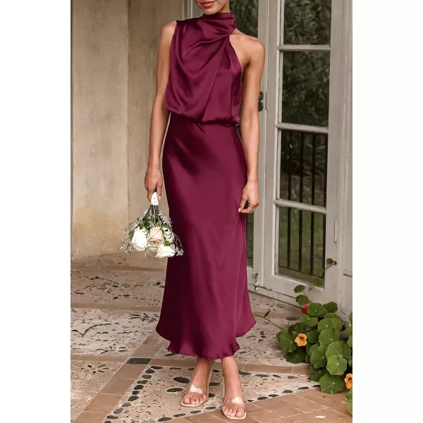 imagePRETTYGARDEN Womens 2023 Summer Satin Dress Elegant Sleeveless Mock Neck Cocktail Party Maxi DressesDark Wine Red
