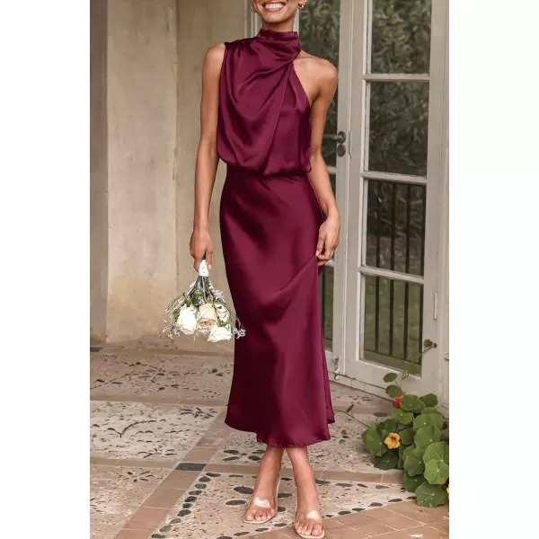 imagePRETTYGARDEN Womens 2023 Summer Satin Dress Elegant Sleeveless Mock Neck Cocktail Party Maxi DressesDark Wine Red