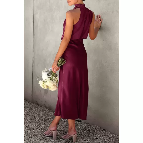 imagePRETTYGARDEN Womens 2023 Summer Satin Dress Elegant Sleeveless Mock Neck Cocktail Party Maxi DressesDark Wine Red