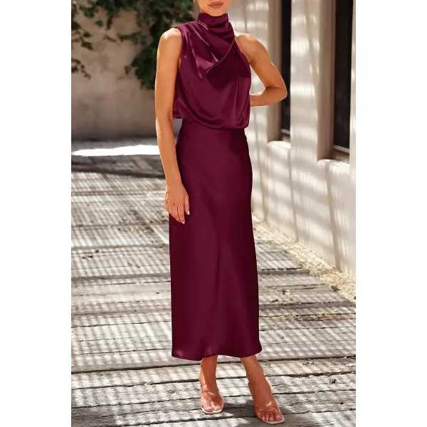imagePRETTYGARDEN Womens 2023 Summer Satin Dress Elegant Sleeveless Mock Neck Cocktail Party Maxi DressesDark Wine Red