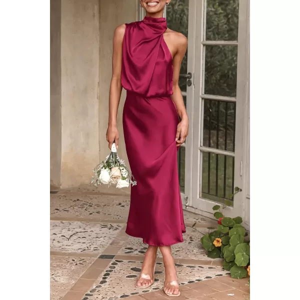 imagePRETTYGARDEN Womens 2023 Summer Satin Dress Elegant Sleeveless Mock Neck Cocktail Party Maxi DressesDeep Red