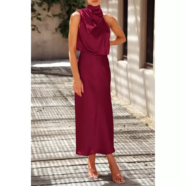 imagePRETTYGARDEN Womens 2023 Summer Satin Dress Elegant Sleeveless Mock Neck Cocktail Party Maxi DressesDeep Red
