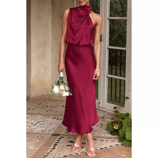 imagePRETTYGARDEN Womens 2023 Summer Satin Dress Elegant Sleeveless Mock Neck Cocktail Party Maxi DressesDeep Red