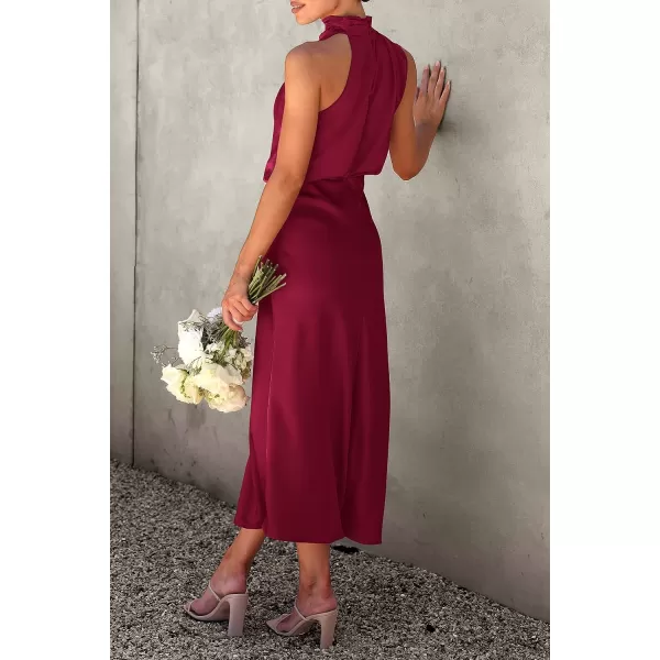 imagePRETTYGARDEN Womens 2023 Summer Satin Dress Elegant Sleeveless Mock Neck Cocktail Party Maxi DressesDeep Red