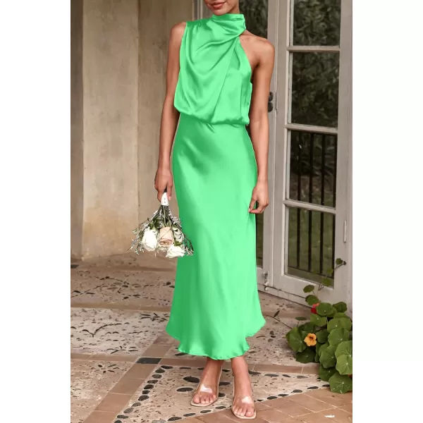 imagePRETTYGARDEN Womens 2023 Summer Satin Dress Elegant Sleeveless Mock Neck Cocktail Party Maxi DressesGrass Green