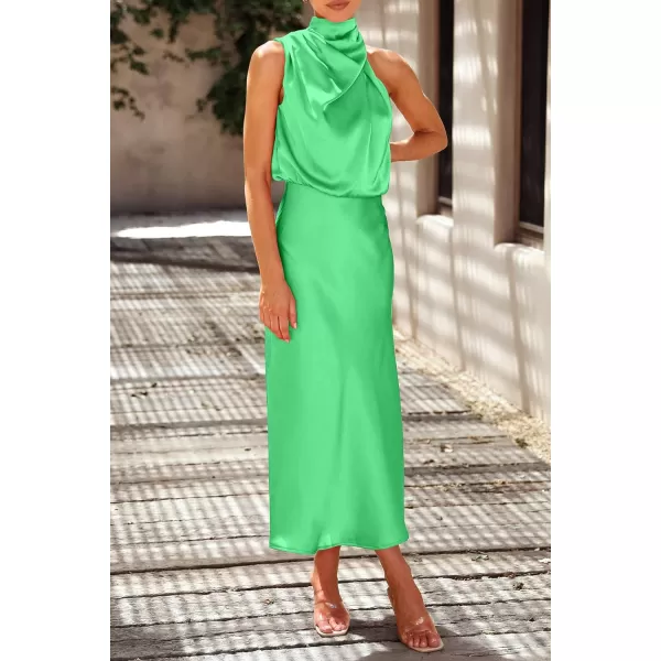 imagePRETTYGARDEN Womens 2023 Summer Satin Dress Elegant Sleeveless Mock Neck Cocktail Party Maxi DressesGrass Green