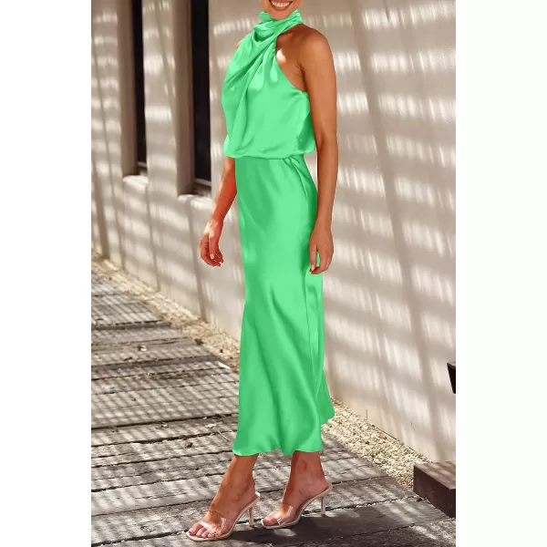 imagePRETTYGARDEN Womens 2023 Summer Satin Dress Elegant Sleeveless Mock Neck Cocktail Party Maxi DressesGrass Green