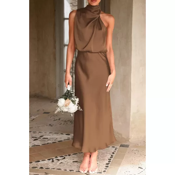 imagePRETTYGARDEN Womens 2023 Summer Satin Dress Elegant Sleeveless Mock Neck Cocktail Party Maxi DressesKhaki