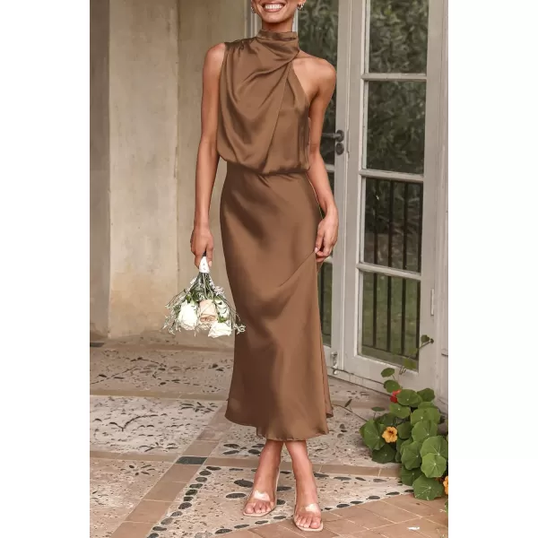 imagePRETTYGARDEN Womens 2023 Summer Satin Dress Elegant Sleeveless Mock Neck Cocktail Party Maxi DressesKhaki