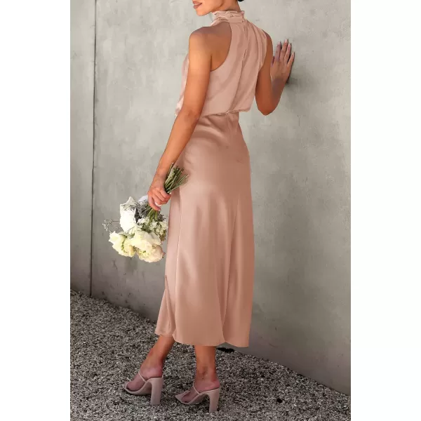 imagePRETTYGARDEN Womens 2023 Summer Satin Dress Elegant Sleeveless Mock Neck Cocktail Party Maxi DressesLight Khaki