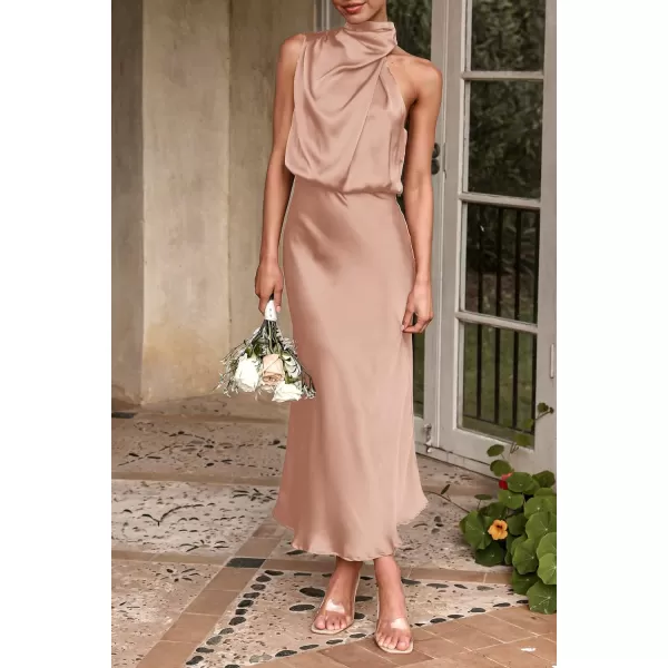 imagePRETTYGARDEN Womens 2023 Summer Satin Dress Elegant Sleeveless Mock Neck Cocktail Party Maxi DressesLight Khaki