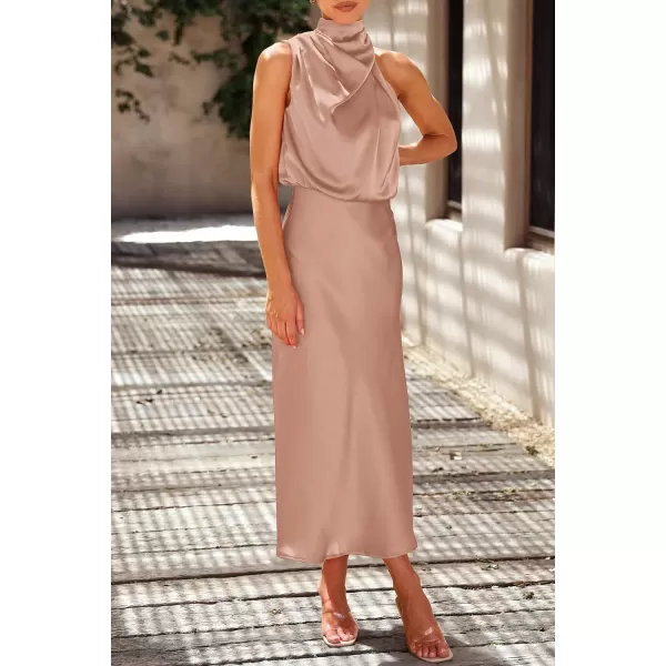 imagePRETTYGARDEN Womens 2023 Summer Satin Dress Elegant Sleeveless Mock Neck Cocktail Party Maxi DressesLight Khaki