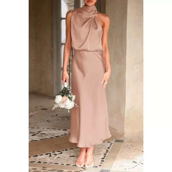 imagePRETTYGARDEN Womens 2023 Summer Satin Dress Elegant Sleeveless Mock Neck Cocktail Party Maxi DressesLight Khaki