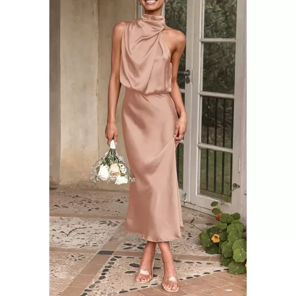 imagePRETTYGARDEN Womens 2023 Summer Satin Dress Elegant Sleeveless Mock Neck Cocktail Party Maxi DressesLight Khaki