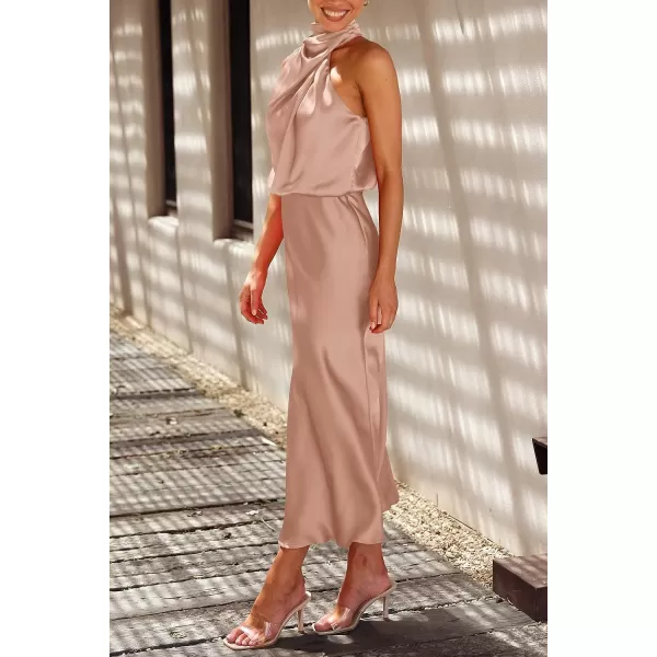 imagePRETTYGARDEN Womens 2023 Summer Satin Dress Elegant Sleeveless Mock Neck Cocktail Party Maxi DressesLight Khaki