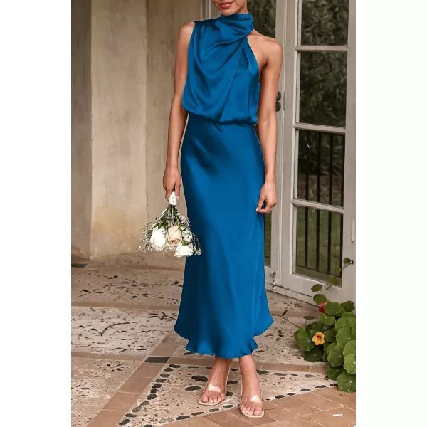 imagePRETTYGARDEN Womens 2023 Summer Satin Dress Elegant Sleeveless Mock Neck Cocktail Party Maxi DressesNavy