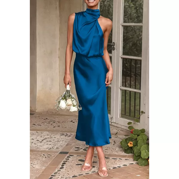 imagePRETTYGARDEN Womens 2023 Summer Satin Dress Elegant Sleeveless Mock Neck Cocktail Party Maxi DressesNavy