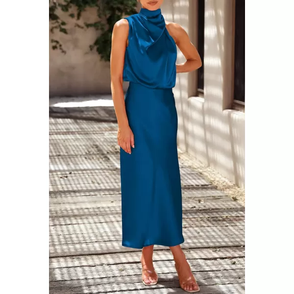 imagePRETTYGARDEN Womens 2023 Summer Satin Dress Elegant Sleeveless Mock Neck Cocktail Party Maxi DressesNavy
