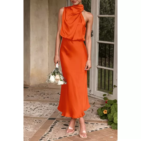 imagePRETTYGARDEN Womens 2023 Summer Satin Dress Elegant Sleeveless Mock Neck Cocktail Party Maxi DressesOrange