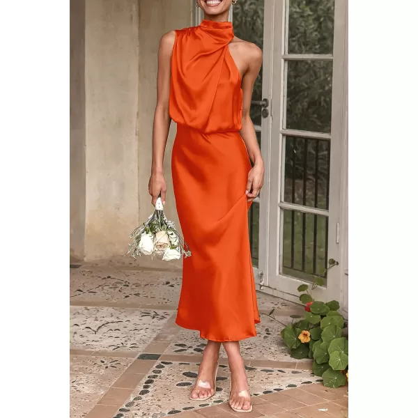 imagePRETTYGARDEN Womens 2023 Summer Satin Dress Elegant Sleeveless Mock Neck Cocktail Party Maxi DressesOrange