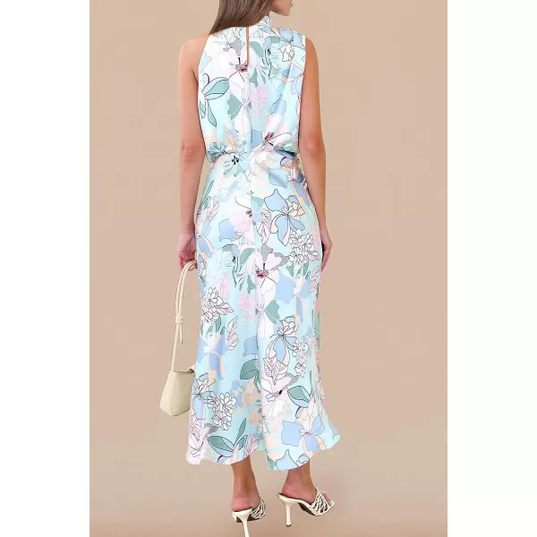 imagePRETTYGARDEN Womens 2023 Summer Satin Dress Elegant Sleeveless Mock Neck Cocktail Party Maxi DressesPrint Blue