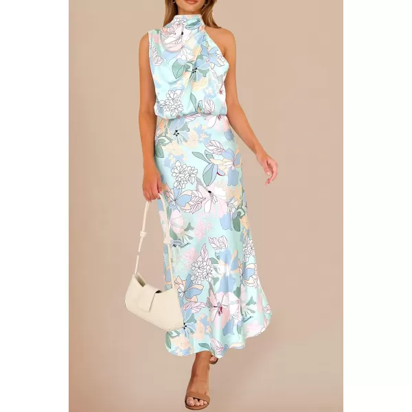 imagePRETTYGARDEN Womens 2023 Summer Satin Dress Elegant Sleeveless Mock Neck Cocktail Party Maxi DressesPrint Blue