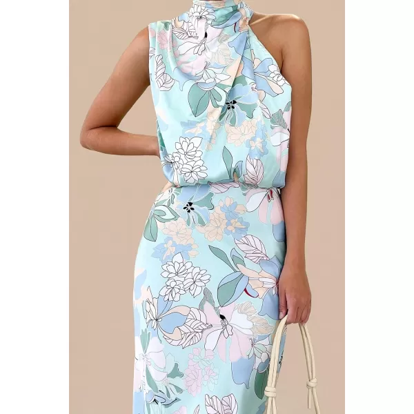 imagePRETTYGARDEN Womens 2023 Summer Satin Dress Elegant Sleeveless Mock Neck Cocktail Party Maxi DressesPrint Blue