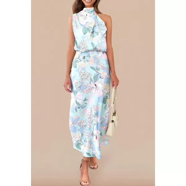 imagePRETTYGARDEN Womens 2023 Summer Satin Dress Elegant Sleeveless Mock Neck Cocktail Party Maxi DressesPrint Blue