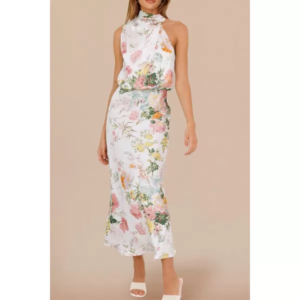 imagePRETTYGARDEN Womens 2023 Summer Satin Dress Elegant Sleeveless Mock Neck Cocktail Party Maxi DressesPrint White