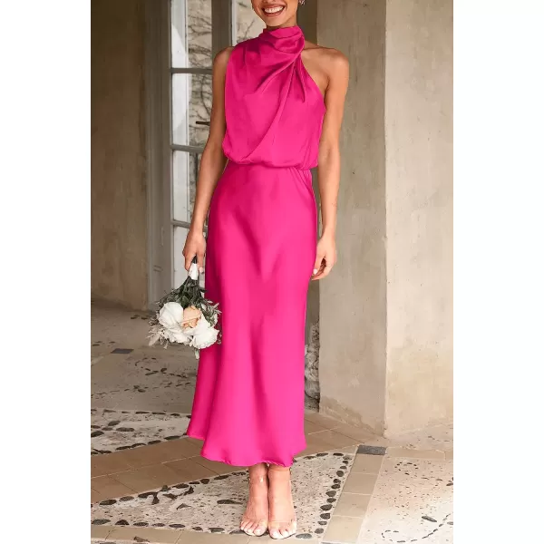 imagePRETTYGARDEN Womens 2023 Summer Satin Dress Elegant Sleeveless Mock Neck Cocktail Party Maxi DressesRose Red