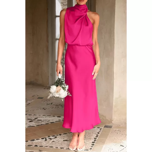 imagePRETTYGARDEN Womens 2023 Summer Satin Dress Elegant Sleeveless Mock Neck Cocktail Party Maxi DressesRose Red