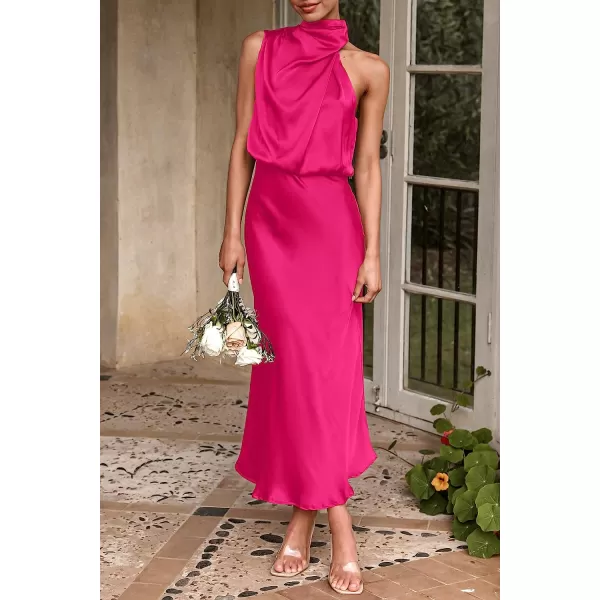 imagePRETTYGARDEN Womens 2023 Summer Satin Dress Elegant Sleeveless Mock Neck Cocktail Party Maxi DressesRose Red