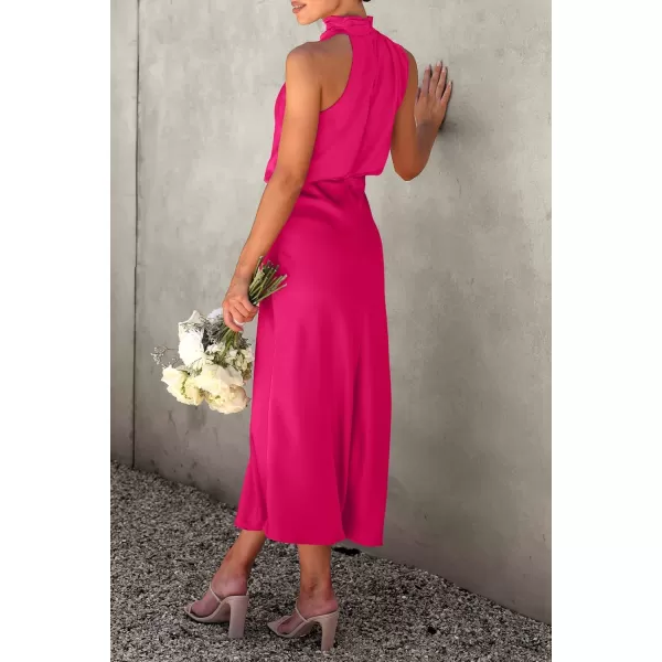 imagePRETTYGARDEN Womens 2023 Summer Satin Dress Elegant Sleeveless Mock Neck Cocktail Party Maxi DressesRose Red