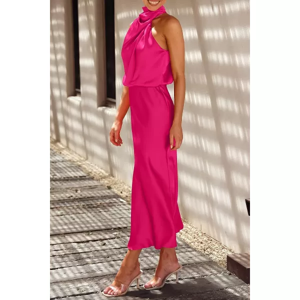 imagePRETTYGARDEN Womens 2023 Summer Satin Dress Elegant Sleeveless Mock Neck Cocktail Party Maxi DressesRose Red