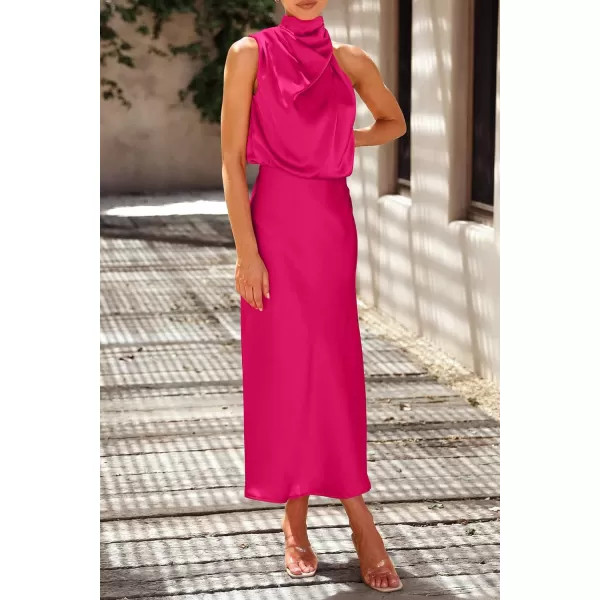 imagePRETTYGARDEN Womens 2023 Summer Satin Dress Elegant Sleeveless Mock Neck Cocktail Party Maxi DressesRose Red